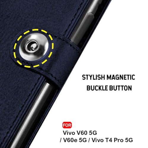 Image of TheGiftKart Genuine Leather Finish Flip Back Cover Case for Vivo V60 5G / V60e 5G / Vivo T4 Pro 5G | Inbuilt Pockets & Stand | Wallet Style | Designer Button Magnet Flip Cover (Faux Leather, Blue)