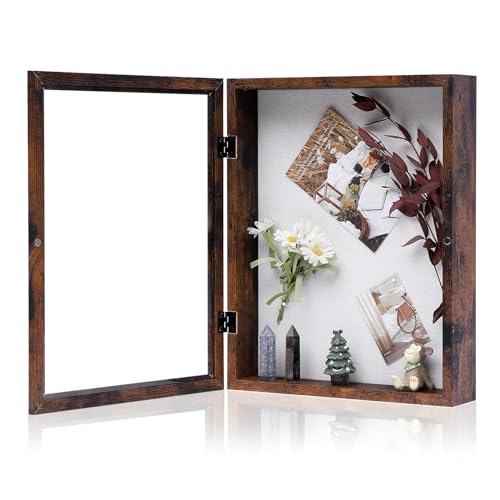 Muzilife 11x14 Shadow Box Picture Frame - 2.16' Interior Deep Wood & Glass Rectangle Display Case Ready to Hang Memory Box Baby Sports Memorabilia, Pins, Awards, Tickets, and Photos, Honey Brown