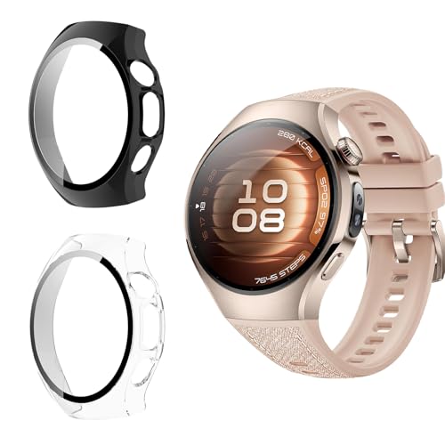 Funrae Custodia Compatibile con Huawei Watch 5 42mm [2 Pezzi], Cover Protettiva Telaio Rigida PC [Con Vetro Temperato] HD Clear Anti-Graffio Protezione Case - Trasparente&Nero