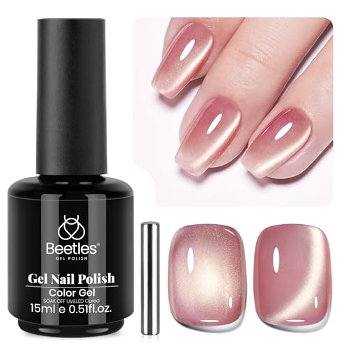 Image of Beetles Sunlit Champagne Pink Cat Eye Gel Nail Polish - 15ML's Day Pink Cat Eye with Gold Powder Magnetic Glitter Gel Polish Glass Effect Soak Off UV DIY Nail Art Gift for Women