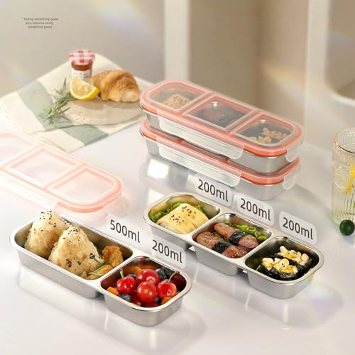 Image of Reusable Stainless Steel Snack Containers with Lids - 10.3 inch x 4 inch 3 Compartment Snackle Box, Leak-Proof Metal Snack Containers for Kids & Adults, Divided Food Storage Box (3 Compartment)