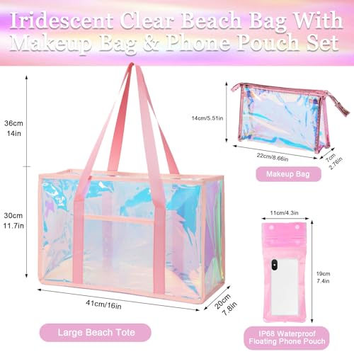 Image of Pink Iridescent Waterproof Beach Travel Bag for Women Large Waterproof Sandproof Women's Beach Tote Pool Bag Zipper Pool Swim Tote Bag for Travel and Spring summer Vacation