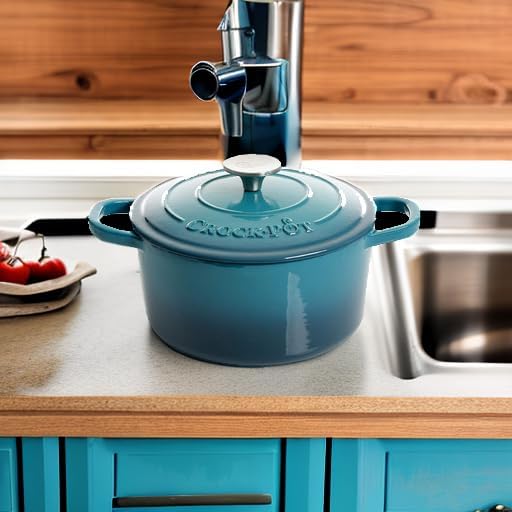 Crock-Pot Artisan 7-Quart Round Enameled Cast Iron Dutch Oven – Sapphire Blue, Durable Heavy-Duty Cookware for Slow Cooking, Baking, Roasting with Lid - Thumbnail 3