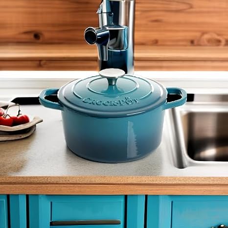 Crock-Pot Artisan 3-Quart Round Enameled Cast Iron Dutch Oven Gradient Teal, Durable Heavy-Duty Cookware for Slow Cooking, Roasting, Baking with Lid
