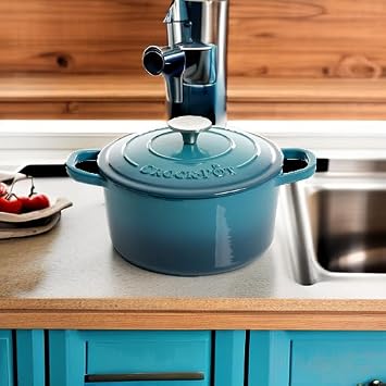 Crock-Pot Artisan 3-Quart Round Enameled Cast Iron Dutch Oven Gradient Teal, Durable Heavy-Duty Cookware for Slow Cooking, Roasting, Baking with Lid