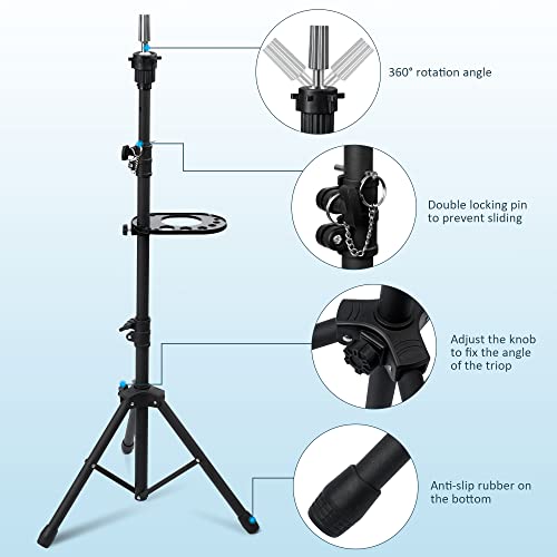 Klvied Wig Stand Tripod Upgraded, Double Locking Adjustable Mannequin Head Stand, Reinforced Metal Wig Head Stand with Tool Tray for Cosmetology Hairdressing Training, Black (53.5 Inches)