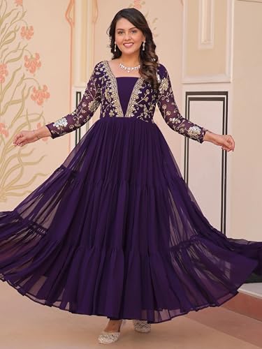 Image of FOXDX Womens Faux Georgette Sequence Embroidered Ankle Length Anarkali Gown for Women| Festival | Trending |