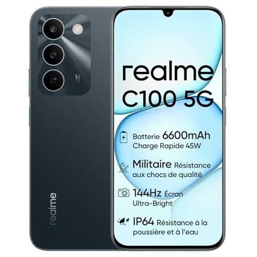 realme C100 5G Smartphone, 4GB+128GB, Écran LCD 144Hz 6,5", Batterie 6600mAh, Appareil Photo 50MP IA, IP64, Charge Rapide 45W, Double SIM, AI Boost, Violet (sans Adaptateur)