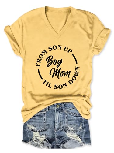 YORAURT from Son Up Til Son Down Boy Mom Shirts for Women Graphic Tops V Neck Mom T Shirts Casual Mother Tees Yellow
