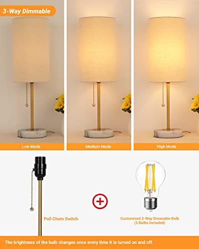 Junnai Bedside Table Lamp With Marble Base: Pull Chain Switch 3-Way Dimmable | Linen Fabric Shade & Golden Pole Small Nightstand Lamps 18.5 Inches For Bedrooms, Office, Dinning Room, Set Of 2 #TOP3