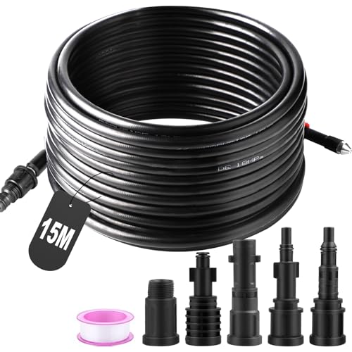 SWAWIS Mangueras para Limpiadoras a Presión 15M 180 Bar Manguera de Drenaje con 5 Adaptadores para Limpiador de Alta Presión Kärcher/Lavor/Interpump/Bosch