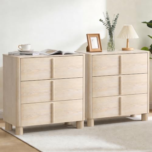Image of 31.5 inch Wide 3 Drawer Dressers Set of 2, Natural Wood Grain Top Storage Cabinet, Modern Curved Accent Chest with Rounded Wood Handles for Bedroom, Living Room & Entryway