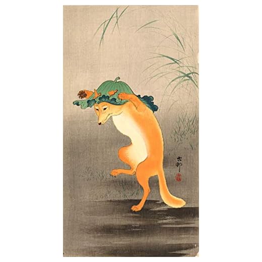 Japanese Art Print - Dancing Fox with Lotus Leaf Hat by Ohara Koson