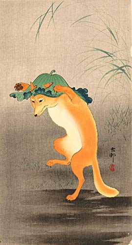 Amazon.com: Asluco Japanese Art Print - Dancing Fox with Lotus