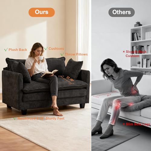 Image of 50'' Loveseat Sofa Cloud Sofa Couch, Modern Loveseats 2 Seat Couch 27 inch Deep Seat with 2 Pillows for Small Spaces Apartment Studio Office Bedroom Living Room, Black
