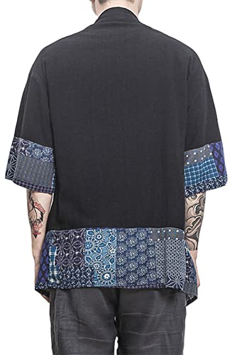 perdontoo Men\'s Casual Kimono Shirt Light Linen Short Sleeve Open Front Cardigan (Medium, Black)