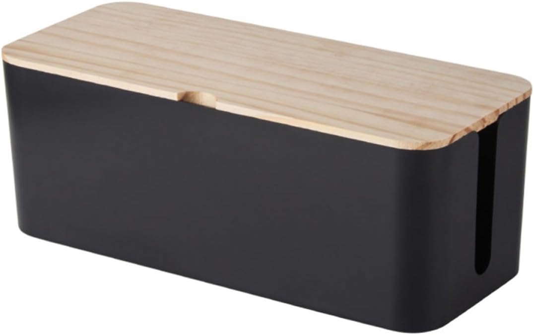 Cable Storage Box with Wood Cover, Anti-electric Wire Storage Box for Study Room and Living Room, Space Saving Plastic Organizer for Charging Cables and Socket Management