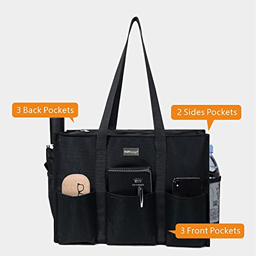 Topdesign Utility Water Resistant Tote Bag With 13 Exterior & Interior Pockets, Top Zipper Closure & Thick Bottom Support, Perfect Gifts For Working Women, Teachers, Nurses, Accountants (Black) #TOP1