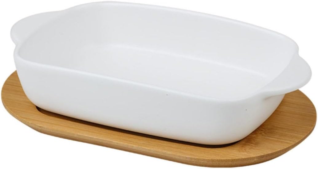 STOBAZA Ceramic Double Handle Baking Plate with Wooden Lid, Multi-purpose Oven Tray for Baking and Serving, White Elegant Design, Not Easy to Stain, for Kitchen and Dining Use