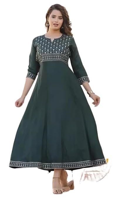 Women's Rayon 3/4 Sleeve V-Neck Front Embroidery Casual Wear Long Gown-picture-35
