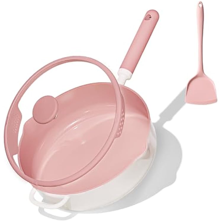 CAROTE 11 Inch Nonstick Deep Frying Pan with Lid, 5 Qt Chef Saute Pan with Pour Spout, Skillet Induction Cookware, Non Stick Cooking Pan Kitchen Pan, Healthy & PFOA/PFAS Free, Includes Spatula, Pink