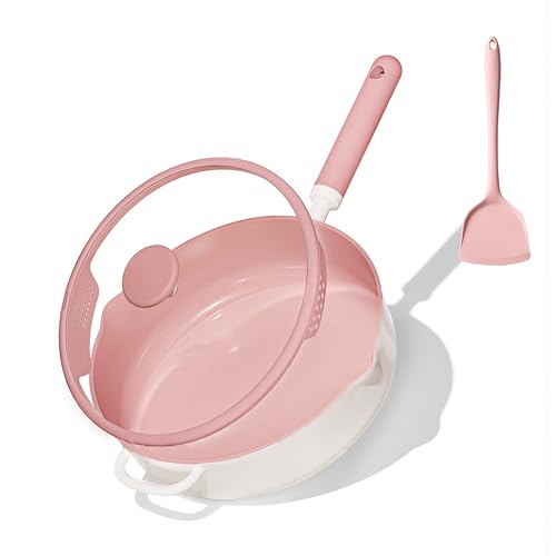 Image of CAROTE 11 Inch Nonstick Deep Frying Pan with Lid, 5 Qt Chef Saute Pan with Pour Spout, Skillet Induction Cookware, Non Stick Cooking Pan Kitchen Pan, Healthy & PFOA/PFAS Free, Includes Spatula, Pink