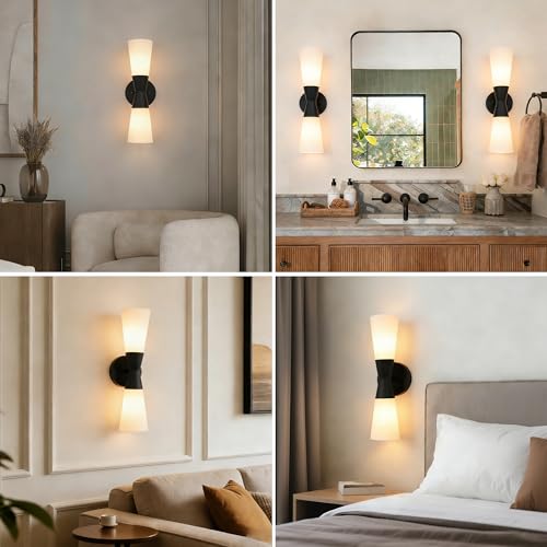 Image of Bathroom Wall Sconce, Modern Indoor Vanity Light Fixtures 17 inch, Up Down Lighting, Wall Mount Lamp for Living Room Bedroom Hallway Stairway Fireplace Mirror E26 Base 1PC White&Black
