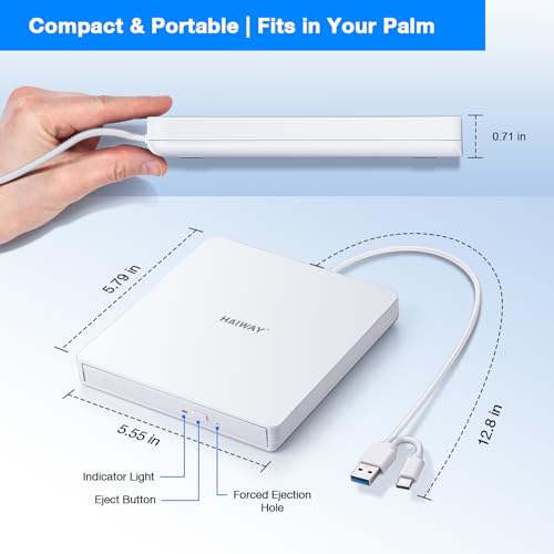 Haiway External CD/DVD Drive, Type-C USB 3.0 CD/DVD Player Portable Burner Writer Reader Compatible with Laptop Desktop PC Windows MacBook Linux Mac OS (USB 3.0 & Type-C PMWWH) by Haiway - Image 5