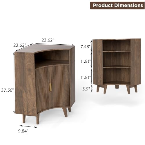 Image of Fluted Corner Cabinet with Open Storage, Modern Floor Cabinets with Sliding Doors and 2-Tier Shelves, Freestanding Narrow Organizer for Small Space,Living Room, Dining Room,Walnut