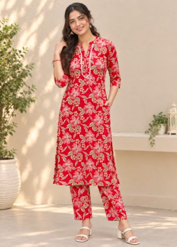 Image of Women's Pure Cotton Printed Kurta Pant Set | Floral Print Kurta with Pants | Ethnic Suit Set | Daily Wear | Co-Ord Set Dress for Women,2 Piece Set
