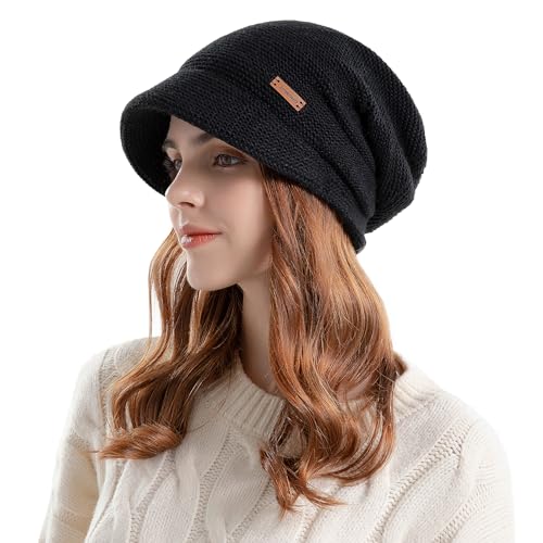 AYPOW Damen Winter Strick Slouchy Mütze mit Visier, Baskenmütze, Fleece Gefütterte, Warme Wintermütze mit Krempe, Pullover-Gehörschutzmütze, Newsboy-Mütze, Tägliche...