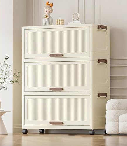 Image of House of Quirk 3-Tier Storage Cabinet with Wheels - Durable Plastic Foldable Wardrobe Organizer with Multiple Compartments, Perfect for Bags, Clothes, and Living Room Storage (Cream)