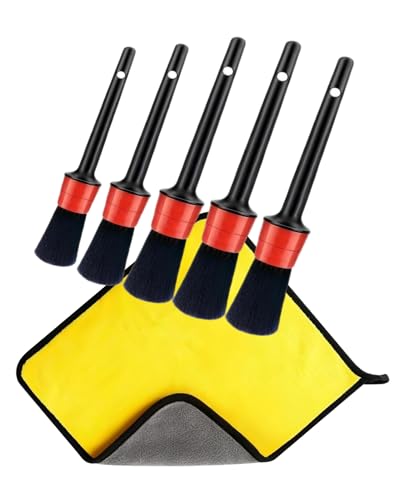 Car Cleaning Brush 6 Pcs Detailing Dust Boars Bristles Set 5 Hair Brushes and 1 Microfiber Cloth for Cleaning Interior/Exterior of Car