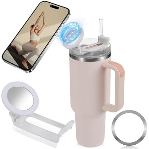 Water Bottle Phone Holder for Stanley 40oz Quencher Tumbler Cup Lid, Compatible with MagSafe, with Magnetic Ring Attachment, Phone Stand Mount, Portable, Rotatable (1, White, fits H1.0 40oz) Cover