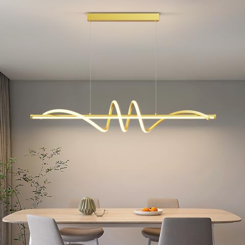 Image of LannlKer Modern LED Pendant Lights, 47in Gold Chandelier Dimmable with Remote Control 3000k-6000K Adjustable Color Temperature, Aluminum Island Lighting Lamp Fixture for Kitchen, Dining Room