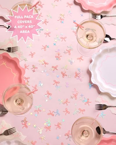 Image of xo, Fetti Bow Confetti - 200 pc | Bachelorette Party Pink and Iridescent, Engagement Party Decoration, Tying the Knot Table Decor, Bride To Be Coquette Ribbon Bridal Shower Supplies (Pack of 3)