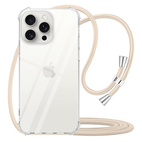 Coque transparente pour iPhone 15 Pro Max pour femme souple et antichoc avec cordon beige
