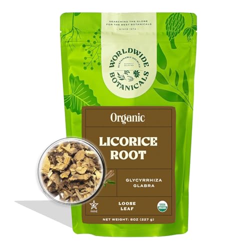 Worldwide Botanicals Organic Licorice Root 8 oz 100% Glycyrrhiza glabra Palo Dulce Regaliz Cut & Sift Naturally Sweet and Soothing Harmonizing Tea 8 ounces