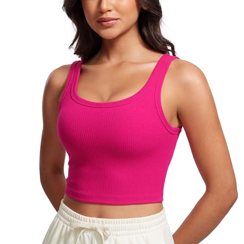 Image of CRZ YOGA Ribbed U Neck Crop Tank Tops | Medium Support, Removable Pads, Casual, Wide Straps, Longline Sports Bras for Women