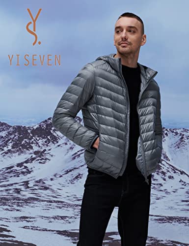 Yiseven Men's Lightweight Water Resistant Packable Down Jacket Hooded Coat Slim Fit Breathable Puffy Loft Quilted Lined And Warm For Cold Winter Outdoor Ski Daily Travel Prime Gift, Size M Grey #TOP6