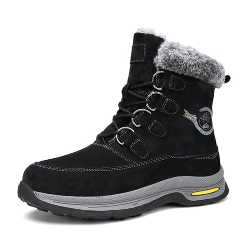 Men's Genuine Leather Winter Hiking Boots Anti-Slip Waterproof Snow Booties with Faux Fur Lining Comfort Platform Lace-Up Warm Ankle Boots