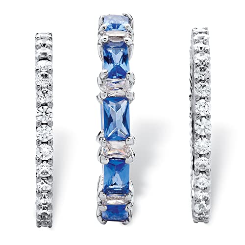 PalmBeach Platinum-plated Emerald Cut Simulated Blue Sapphire and Baguette Cubic Zirconia 3 Piece Set Bridal Eternity Ring Sizes 6-102