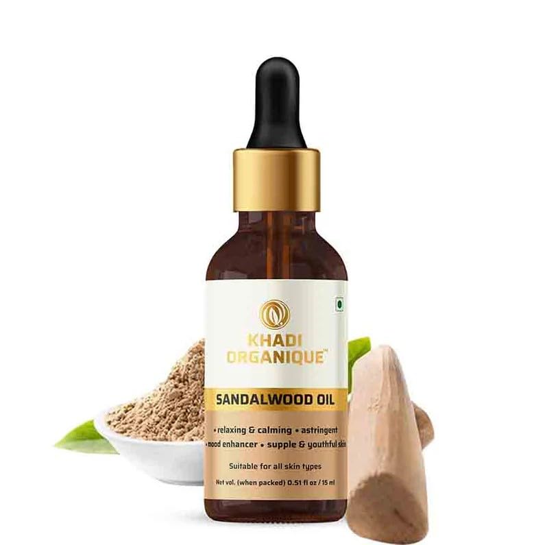 Image of Khadi Organique Sandalwood Essential Oil (Therapeutic Grade) | Deep Hydration & Relaxation | Enhances Skin Glow, Promotes Healthy Hair Scalp, Meditation & Aromatherapy | Diffuser & Massage Oil 15ml