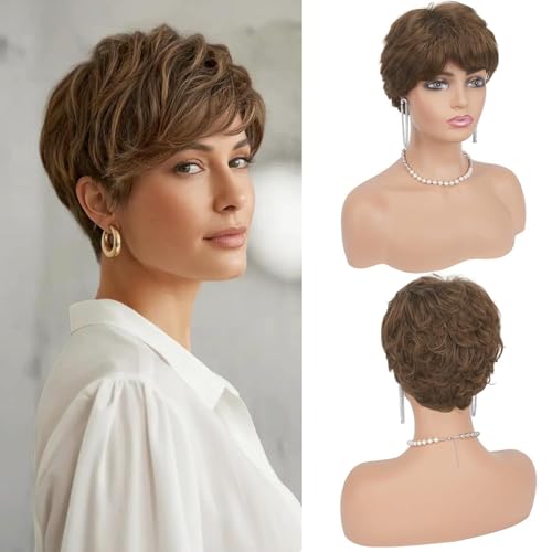 Luxclipse Brown Short Pixie Wigs Human Hair Layered Lightweight for