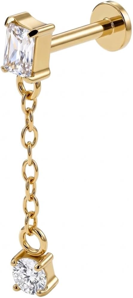 G23 Grade Titanium Square Top with Round Cz Stone on Dangling Chain Threadless Tragus Labret Piercing Jewelry