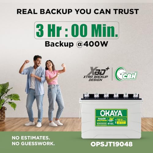 Image of OKAYA PowerON OPSJT19048 160Ah Super Jumbo Tubular Advanced Battery for Home, Office & Shops | Robust & Compact Design | Extra Backup Plus (XBD+ Technology) | 48 Months Total Warranty