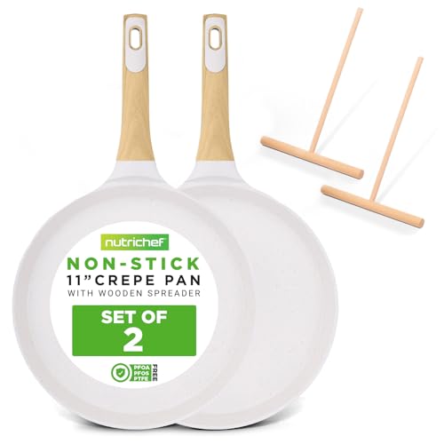 Image of NutriChef 2-Pack Non-Stick Crepe Pan Set – 11” Marble Coated Dosa Pans with Wooden Spreaders, Bakelite and Wood Handles, Induction-Compatible, Easy-to-Clean, Stain-Resistant, White Cream Marble