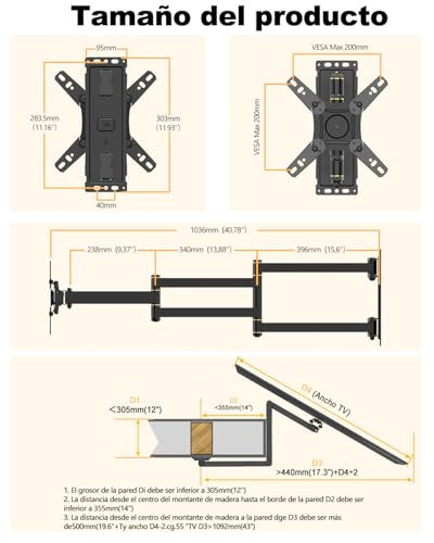 Miniatura 9 de Whyfone Soporte Tv Pared Con 1036mm Brazo Articulado Para Pantallas Planas Y Curvas De 13-43 Pulgadas, Soporte Pared Tv Inclinable Y Giratorio Con 180 Rotación De Movimiento Completo, Vesa 200x200mm