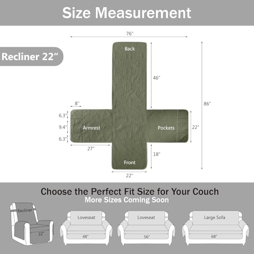Image of Green Quilted Recliner Covers, Water-Repellent Recliner Slipcovers, Recliner Covers Stay in Place, Pet Friendly Recliner Cover for Dogs, Washable Chair Protector (Recliner 22 inch, Olive Green)