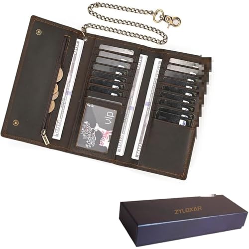 Genuine Leather Wallet for Men Long Trifold Biker Chain Wallet with RFID Blocking Anti Theft Design for Motorcycle Riding Daily Use or Gifts (Brown)2